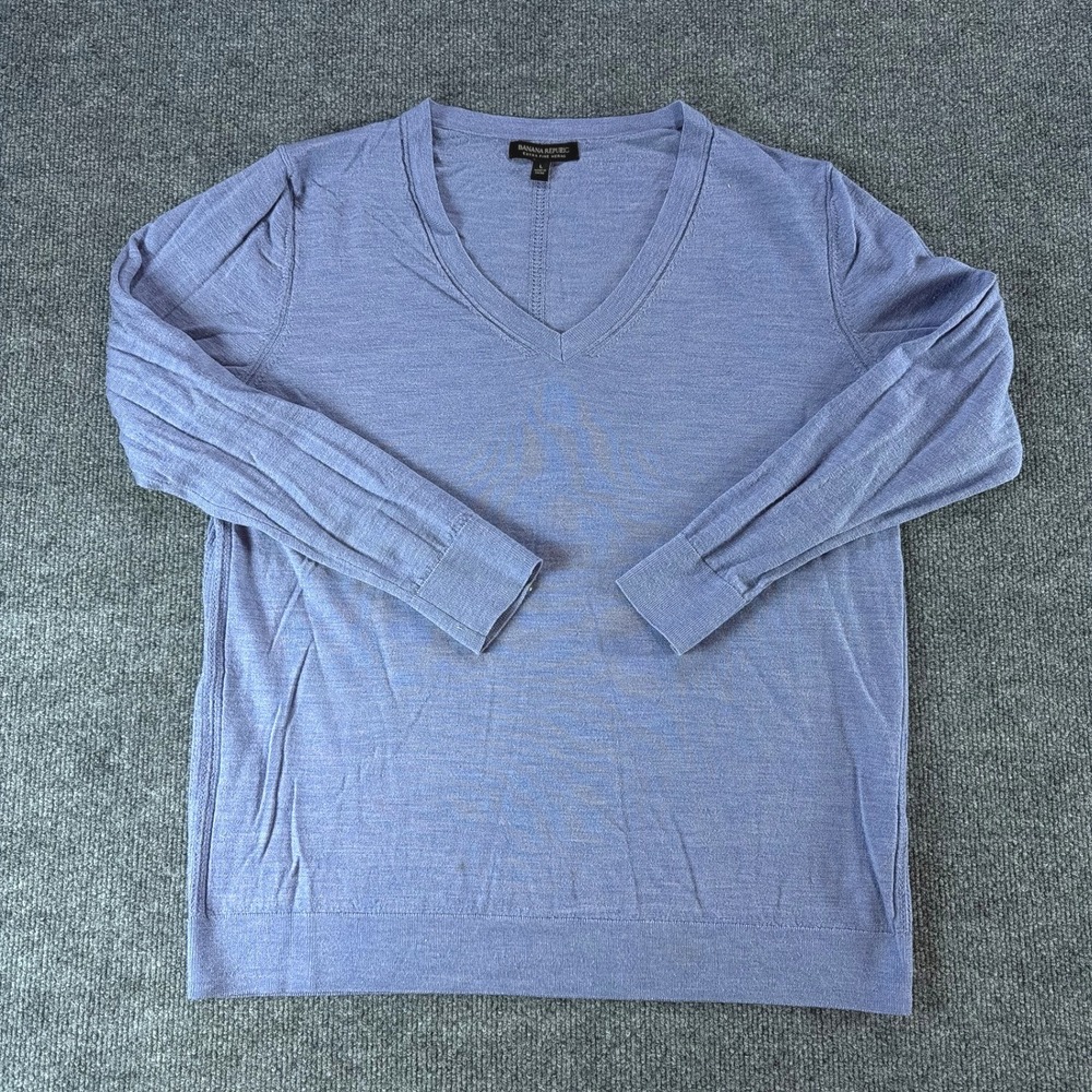 Banana Republic Extra Fine Merino Wool V-Neck Sweater Blue Womens Large Casual